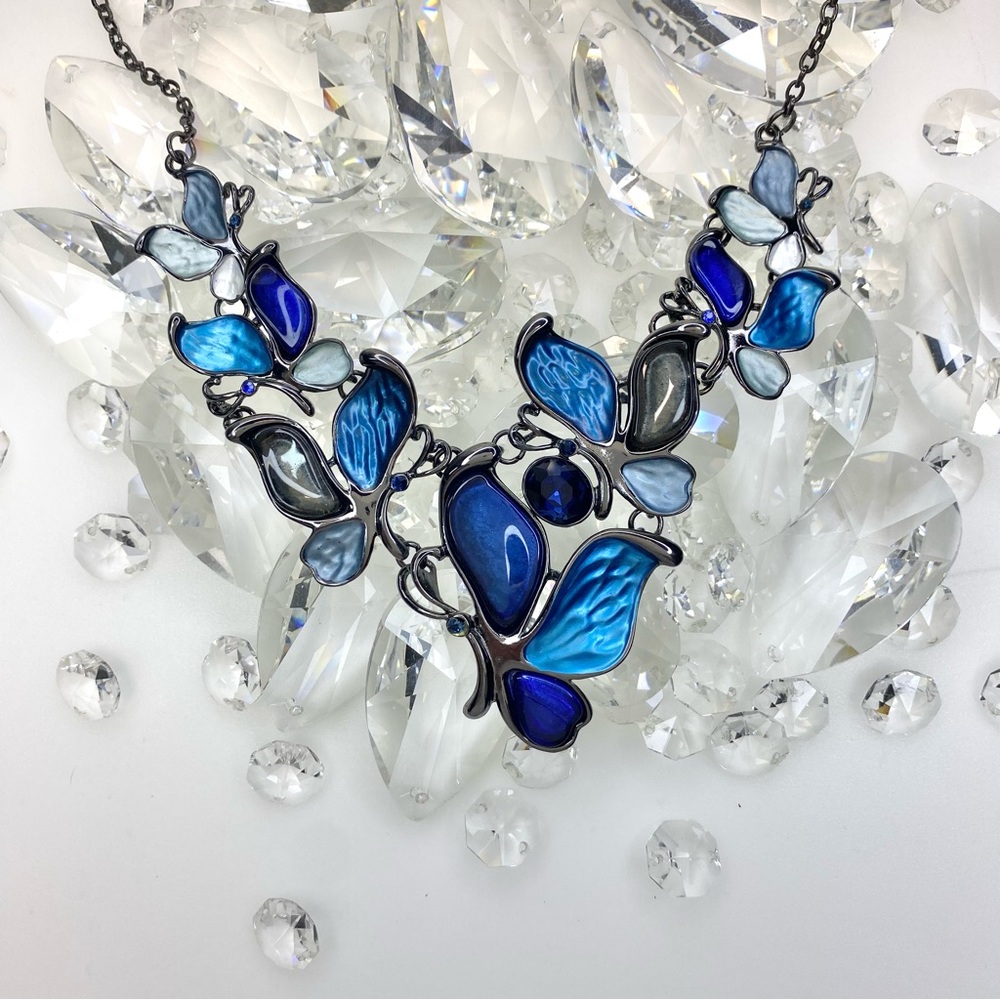 Blue Butterfly Statement Necklace with Black Accent Chain
